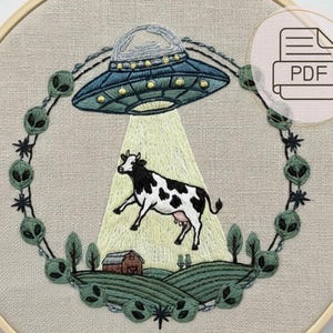 Motif de broderie vache OVNI PDF : cerceaux de 6 po et 8 po, téléchargement immédiat