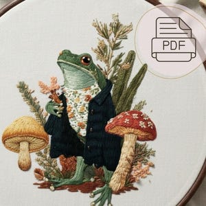 Gentleman Frosch-Stickerei-Muster PDF | Cottagecore Märchen Handstickerei | Sofortiger Download für Anfänger