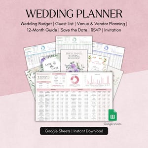May include: A wedding planner template with the title "WEDDING PLANNER" in a bold, black font. The template includes sections for wedding budget, guest list, venue planning, and more. The background is a soft pink.