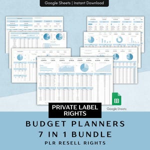 May include: A collection of digital budget planner templates with a light blue and white color scheme. The image includes charts, graphs, and tables. Text on the image reads "PRIVATE LABEL RIGHTS", "BUDGET PLANNERS", and "7 IN 1 BUNDLE".