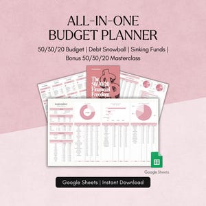 Può includere: Un pianificatore di budget rosa e bianco con il testo "ALL-IN-ONE BUDGET PLANNER". Il pianificatore include sezioni per il budget 50/30/20, la palla di neve del debito e i fondi di ammortamento. È visibile anche un piccolo libro intitolato "The 50/30/20 Financial Freedom".