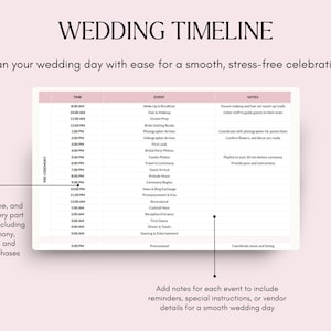 以下が含まれることがあります： ピンクと白のデザインの結婚式のタイムラインテンプレート。「WEDDING TIMELINE」の文字が上部にあります。テンプレートには、時間、イベント、メモのセクションがあり、結婚式の詳細を入力するためのプロンプトが表示されます。