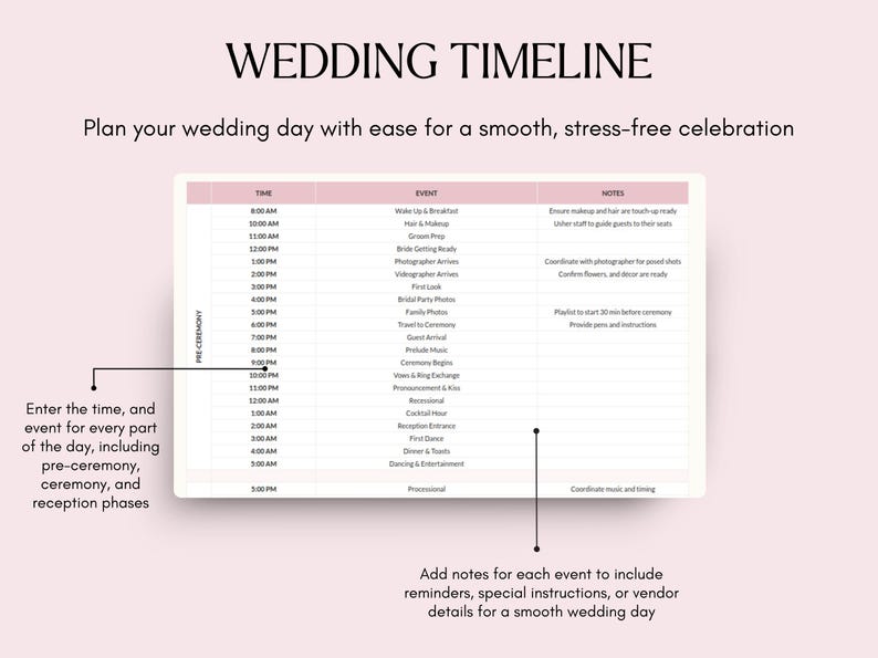 以下が含まれることがあります： ピンクと白のデザインの結婚式のタイムラインテンプレート。「WEDDING TIMELINE」の文字が上部にあります。テンプレートには、時間、イベント、メモのセクションがあり、結婚式の詳細を入力するためのプロンプトが表示されます。