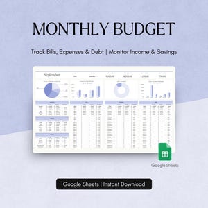 Peut inclure: Un modèle de budget mensuel numérique intitulé « BUDGET MENSUEL » avec le texte « Suivez les factures, les dépenses et les dettes | Surveillez les revenus et les économies ». Le modèle comprend des graphiques et des tableaux pour le suivi financier. Le logo Google Sheets est visible.