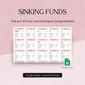 May include: A digital spreadsheet template titled "SINKING FUNDS" with a pink and white color scheme. The template is designed to track up to 40 funds and includes automatic progress tracking and a savings dashboard. The Google Sheets logo is visible.