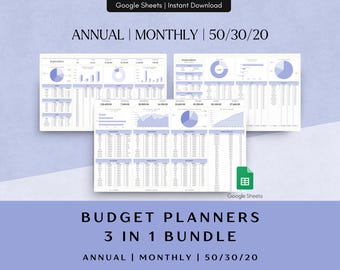 Budget Planner Bundle Google Sheets Annual Monthly 50/30/20 Weekly Paycheck Tracker Personal Finance Template 70/20/10