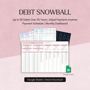 Puede incluir: Una plantilla digital de planificación financiera titulada "DEBT SNOWBALL" con un esquema de color rosa y blanco. La imagen muestra una hoja de cálculo con información de deuda y el texto "Google Sheets | Instant Download".