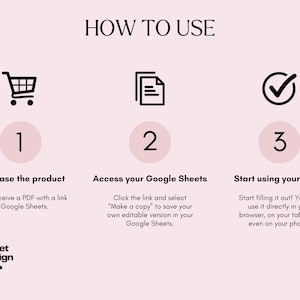 以下が含まれることがあります： 「HOW TO USE」のテキストと番号付きの手順が記載されたピンク色のグラフィック。ステップ1はショッピングカート、ステップ2はドキュメント、ステップ3はチェックマーク。手順には、購入、Googleスプレッドシートへのアクセス、さまざまなデバイスでのシートの使用が含まれます。