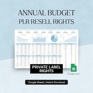 Könnte beinhalten: Digitales Produktbild mit einer Tabelle mit Diagrammen und Daten, beschriftet mit "ANNUAL BUDGET PLR RESELL RIGHTS". Das Bild enthält den Text "PRIVATE LABEL RIGHTS" und "Google Sheets | Instant Download."