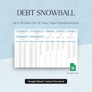 May include: A digital spreadsheet titled "DEBT SNOWBALL" with the text "Up to 30 Debts Over 30 Years | Adjust Payments Anytime." The spreadsheet is displayed on a light blue background. The Google Sheets logo is in the bottom right corner. The text "Google Sheets | Instant Download" is at the bottom.