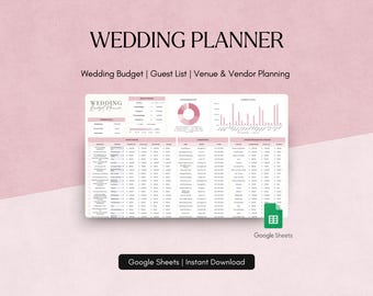 Planification de mariage Feuille de calcul Budget Tracker Liste d'invités Chronologie Liste de contrôle Itinéraire Plan de salle Lieu Vendeur organisateur d'événement Google Sheets
