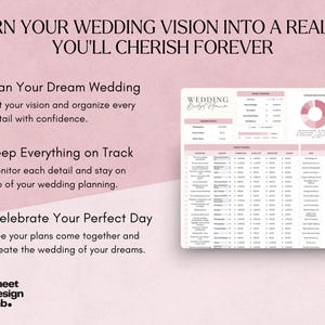 以下が含まれることがあります： 「TURN YOUR WEDDING VISION INTO A REALITY YOU'LL CHERISH FOREVER」のテキストが入った、ピンクと白のウェディング予算プランナー。ウェディングの詳細、予算トラッカー、週次サマリーのセクションが含まれています。