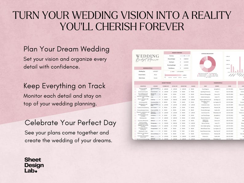 以下が含まれることがあります： 「TURN YOUR WEDDING VISION INTO A REALITY YOU'LL CHERISH FOREVER」のテキストが入った、ピンクと白のウェディング予算プランナー。ウェディングの詳細、予算トラッカー、週次サマリーのセクションが含まれています。