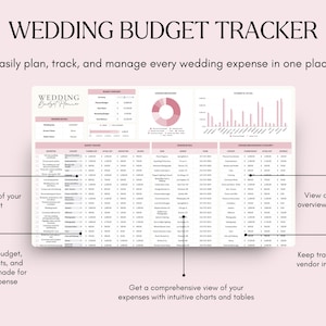以下が含まれることがあります： 「WEDDING BUDGET TRACKER」の文字が入った、結婚式の予算管理トラッカー。予算、実際の費用、ベンダー情報などのセクションが含まれています。グラフと表は、支出の概要を示しています。「簡単に計画、追跡、管理できます。」
