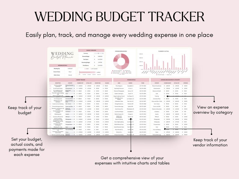以下が含まれることがあります： 「WEDDING BUDGET TRACKER」の文字が入った、結婚式の予算管理トラッカー。予算、実際の費用、ベンダー情報などのセクションが含まれています。グラフと表は、支出の概要を示しています。「簡単に計画、追跡、管理できます。」