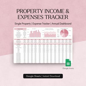 Könnte beinhalten: Eine digitale Tabellenkalkulation zur Verfolgung von Immobilienerträgen und -ausgaben mit einem rosa und weißen Farbschema. Die Tabelle enthält Diagramme und Grafiken. Der Text "PROPERTY INCOME & EXPENSES TRACKER" steht oben.