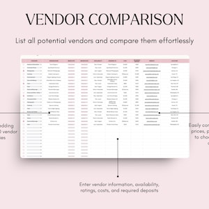 以下が含まれることがあります： 「VENDOR COMPARISON」というタイトルのデジタルベンダー比較表。潜在的なベンダーをリストし、簡単に比較できます。20のウェディングベンダーカテゴリをカバーし、ベンダー情報、可用性、評価、コスト、デポジットを入力するスペースがあります。
