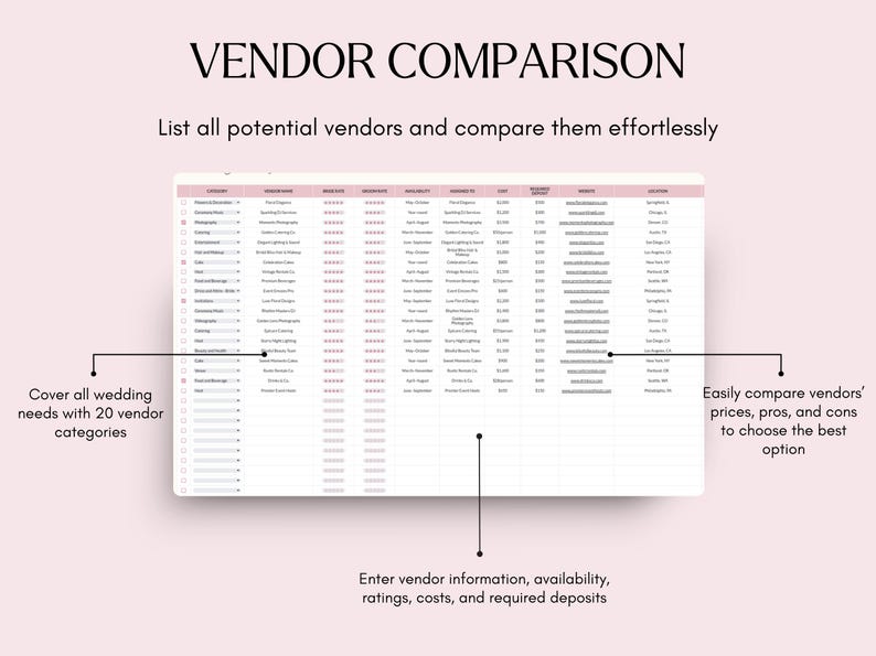 以下が含まれることがあります： 「VENDOR COMPARISON」というタイトルのデジタルベンダー比較表。潜在的なベンダーをリストし、簡単に比較できます。20のウェディングベンダーカテゴリをカバーし、ベンダー情報、可用性、評価、コスト、デポジットを入力するスペースがあります。