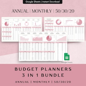 May include: Digital budget planners bundle for Google Sheets. The image shows three spreadsheets with pink and white charts and tables. Text includes "Annual | Monthly | 50/30/20" and "Budget Planners 3 in 1 Bundle".