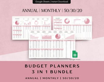 Budget Planner Bundle Google Sheets Annual Monthly 50/30/20 Weekly Paycheck Tracker Personal Finance Template 70/20/10