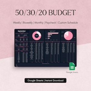 May include: A digital 50/30/20 budget template with a dark background and pink accents. The template includes charts and graphs, with the text "50/30/20 BUDGET" at the top. The template is for Google Sheets and is available for instant download.