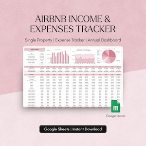 May include: A digital spreadsheet titled "Airbnb Income & Expenses Tracker" with charts and tables. The document is designed for single property expense tracking and annual dashboards. The Google Sheets logo is visible.