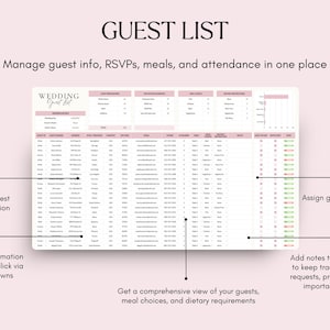 以下が含まれることがあります： 「GUEST LIST」と題されたデジタルウェディングゲストリストテンプレート。ゲスト情報、RSVP、食事、出席状況を管理できます。ゲスト情報の入力、テーブルへのゲストの割り当て、特別なリクエストのためのメモの追加などの機能が含まれています。