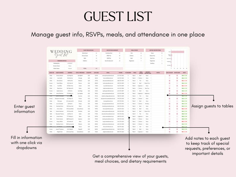以下が含まれることがあります： 「GUEST LIST」と題されたデジタルウェディングゲストリストテンプレート。ゲスト情報、RSVP、食事、出席状況を管理できます。ゲスト情報の入力、テーブルへのゲストの割り当て、特別なリクエストのためのメモの追加などの機能が含まれています。
