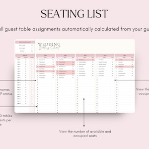以下が含まれることがあります： 「SEATING LIST」というタイトルの結婚式の座席表。ゲストの名前、RSVPステータス、テーブルの容量、占有率が表示されます。各25名のゲストがいる20のテーブルをサポートしています。「WEDDING Seating Chart」というテキストも表示されます。
