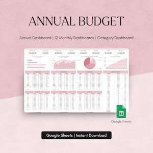 以下が含まれることがあります： ピンクと白のグラフと表が入った「ANNUAL BUDGET」というタイトルのデジタルスプレッドシート。画像には「Annual Dashboard | 12 Monthly Dashboards | Category Dashboard」というテキストとGoogle Sheetsのロゴが含まれています。画像の下部には「Google Sheets | Instant Download」と書かれています。