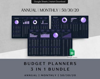 Budget Planner Bundle Google Sheets Dark Annual Monthly 50/30/20 Weekly Paycheck Tracker Personal Finance Template 70/20/10