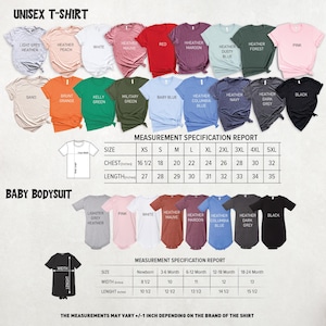 May include: A product image showcasing a variety of unisex t-shirts and baby bodysuits in various colors. The t-shirts include colors like pink, red, and black. Measurement charts for both shirt types are also displayed, with chest measurements ranging from 16 1/2 to 32 inches.