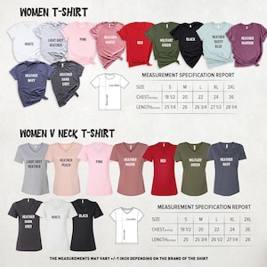 May include: A selection of women's t-shirts and V-neck t-shirts in various colors, including white, pink, red, and black. The image includes a measurement specification report with chest and length measurements in inches for sizes S to 2XL.