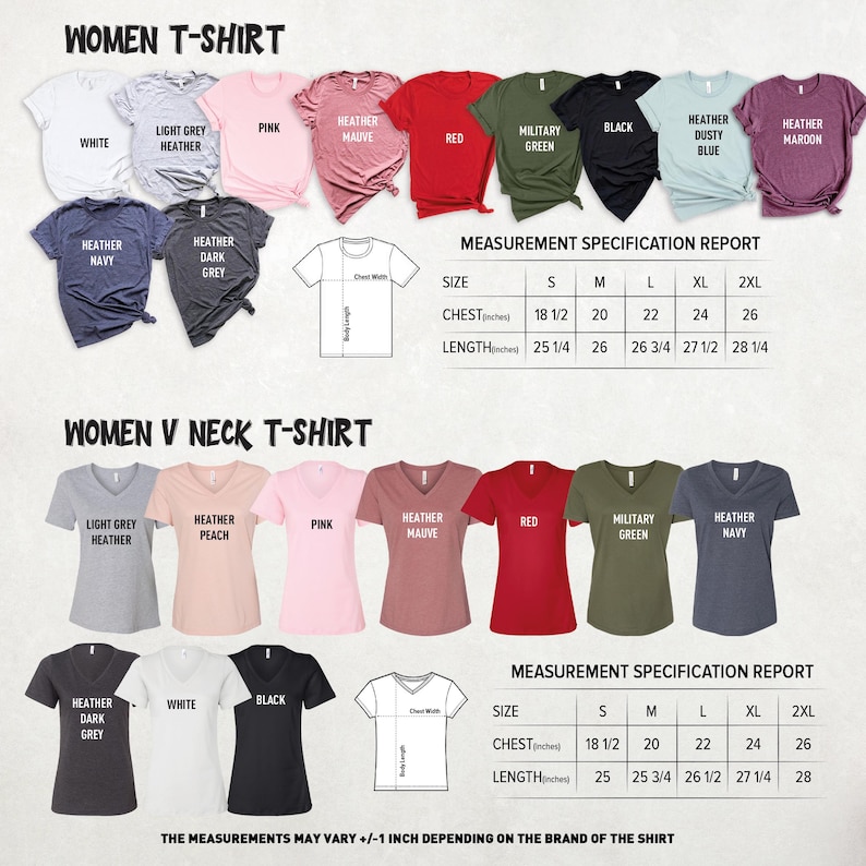 May include: A selection of women's t-shirts and V-neck t-shirts in various colors, including white, pink, red, and black. The image includes a measurement specification report with chest and length measurements in inches for sizes S to 2XL.