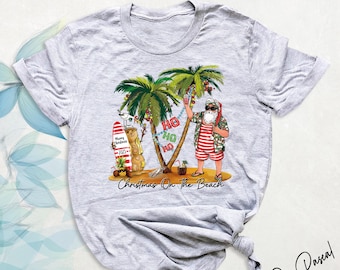 Tropical Christmas Beach Shirts Hawaiian Santa Christmas Vacation Tee Family Christmas Beach Matching Shirt Xmas Santa Beach Palm Tree Shirt