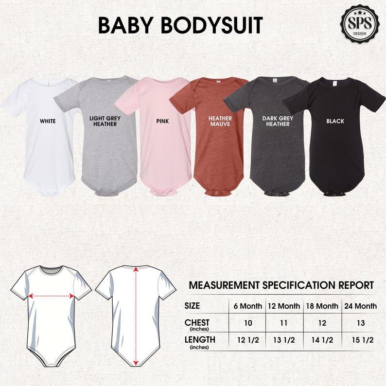 May include: A collection of baby bodysuits in various colors: white, light grey heather, pink, heather mauve, dark grey heather, and black. The image includes a measurement specification report with chest and length measurements in inches for sizes 6, 12, 18, and 24 months.
