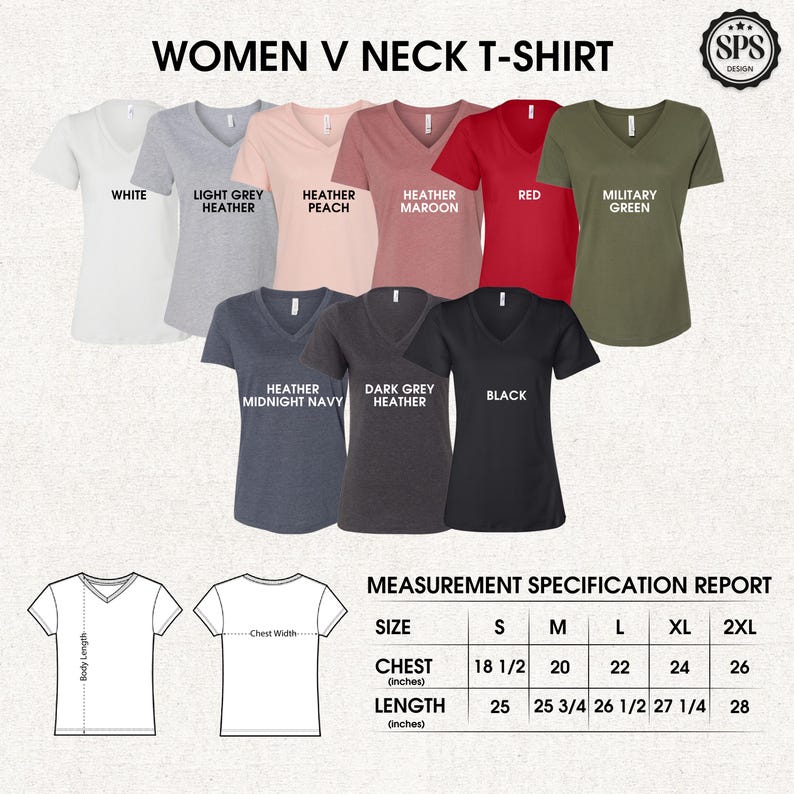 May include: A collection of women's V-neck t-shirts in various colors, including white, grey, peach, maroon, red, and green. The image also includes a measurement specification report with chest and length measurements in inches for sizes S to 2XL.