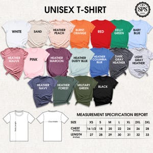 May include: A variety of unisex t-shirts in various colors, including white, pink, and black. The image displays the shirts with color names and a measurement specification report. The chest measurements range from 16 1/2 to 28 inches.