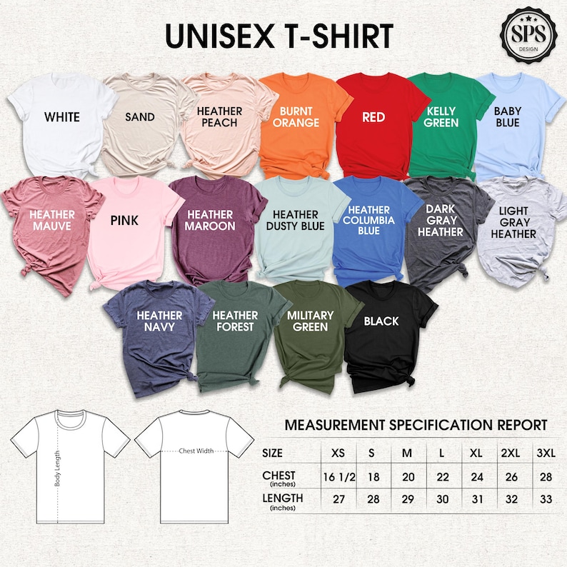 May include: A variety of unisex t-shirts in various colors, including white, pink, and black. The image displays the shirts with color names and a measurement specification report. The chest measurements range from 16 1/2 to 28 inches.
