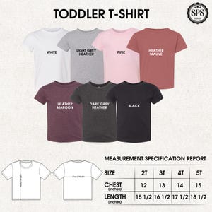 May include: A selection of toddler t-shirts in various colors, including white, light grey heather, pink, heather mauve, heather maroon, dark grey heather, and black. The image also includes a measurement specification report with chest and length measurements in inches.