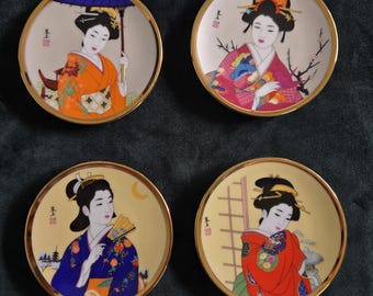 Vintage Japanese Geisha Girl Porcelain Plates - Set of 4.