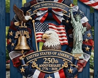 Spersonalizowany drewniany wieniec z okazji 250. rocznicy Stanów Zjednoczonych – spersonalizowany patriotyczny znak na drzwi z nazwiskiem rodziny 1776–2026, dekoracja z okazji półpięćsetnej rocznicy USA
