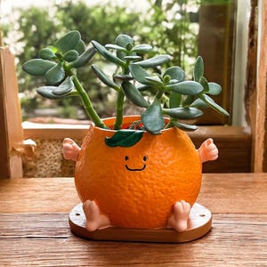 Puede incluir: Maceta de cerámica naranja con forma de naranja, con cara sonriente, brazos y pies. Contiene una planta suculenta verde. La maceta se encuentra sobre una base de madera redonda y pequeña. El fondo muestra una ventana con vegetación.