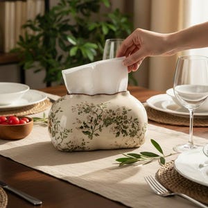 Op de afbeelding: Een bloemen keramische tissuebox op een tafel gedekt voor een maaltijd. De tissuebox is crèmekleurig met groene en roze bloempatronen. Witte tissues zijn zichtbaar aan de bovenkant. De tafel is gedekt met witte borden, wijnglazen en een houten kom met tomaten.
