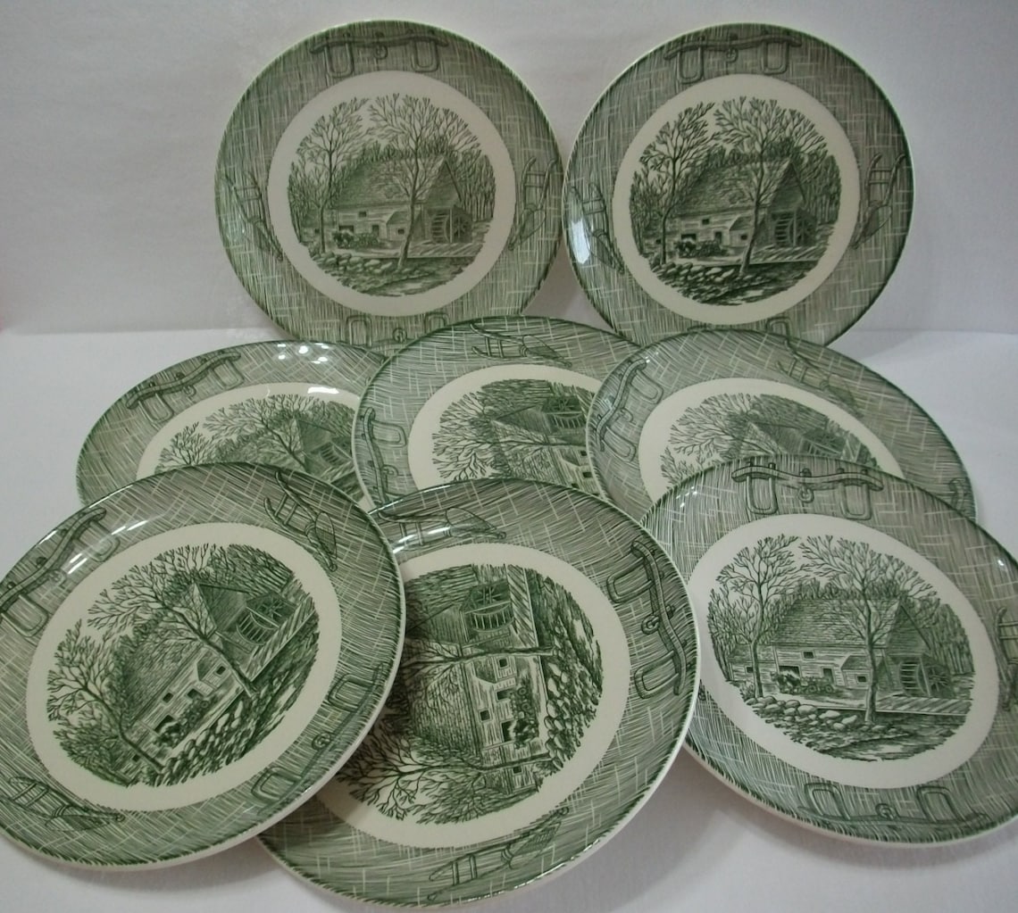 Vintage Green Transferware Plates Set of 8 Colonial Old Etsy