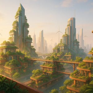 Könnte beinhalten: Eine futuristische Stadt mit nachhaltiger Architektur. Gebäude mit begrünten Dächern und integrierter Vegetation, verbunden durch Brücken. Windräder säumen die Skyline und deuten auf erneuerbare Energien hin. Die Gesamtästhetik ist eine Mischung aus Natur und modernem Design.
