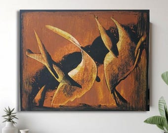 Origineel abstract botanisch schilderij – Muurdecoratie in aardetinten – Canvas met bladmotief –Moderne kunst in warme bruin- en goudtinten