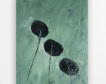 Abstracte Paardenbloem Canvas Schilderij – Groen Zwart Botanische Wanddecoratie  Moderne Structuurkunst  Minimalistische Woonkamer Decoratie