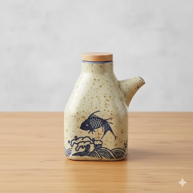 May include: A ceramic soy sauce dispenser with a wooden lid. The beige-colored bottle features a blue fish and wave design. It has a spout for pouring and is designed for serving condiments.