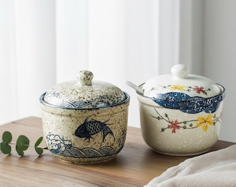Ceramic Seasoning Jar with Lid and Spoon, Japanese Style Spice Storage for Sugar, Pepper & Tea